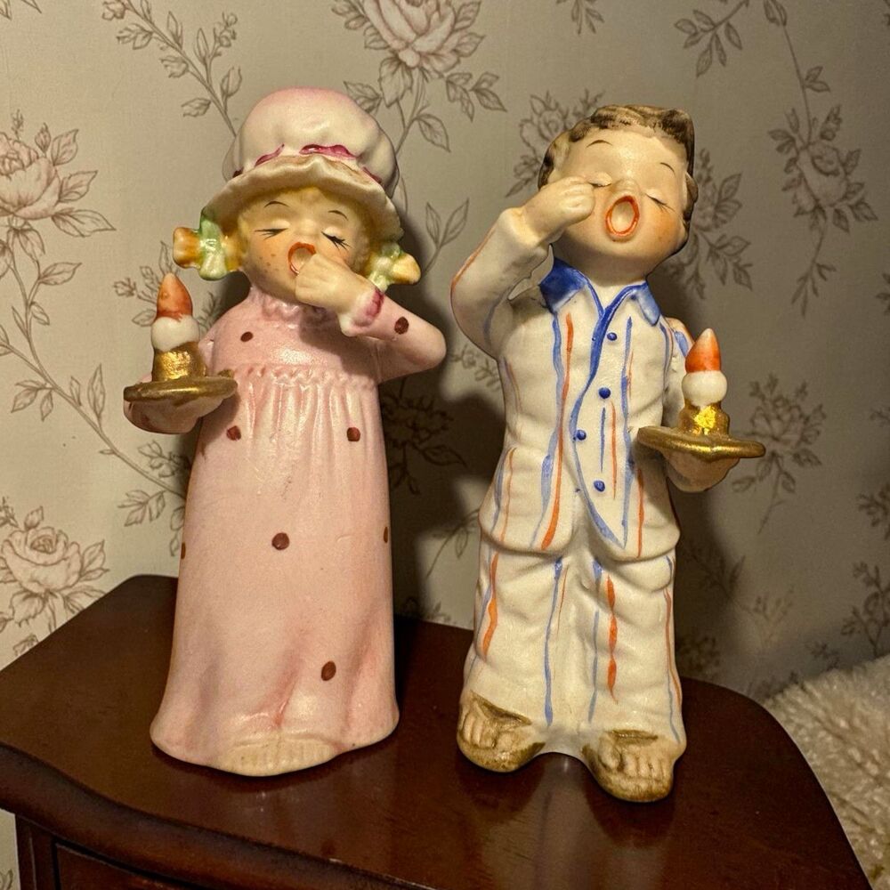 Bisque Porcelain Sleepy Bedtime Boy Girl Figurines Pajamas Yawning Candle 4.5”